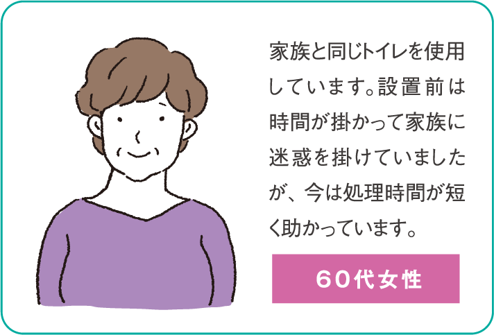 家族と同じトイレを使用しています。設置前は時間が掛かって家族に迷惑を掛けていましたが、今は処理時間が短く助かっています。（60代女性）
